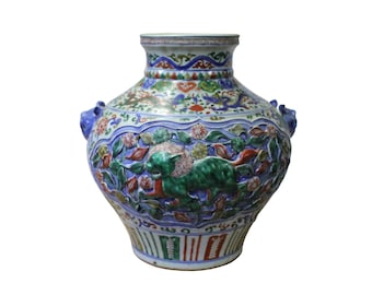 Handmade Ceramic Multi Color Dimensional Foo Dog Vase Jar cs4250E