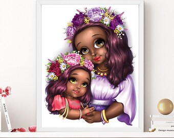 Mother and Daughter Wall Art African American Girl Wall Art Family Wall Decor Girls Room Wall Decor Dark Skin Girl Nursery Wall Art Mom Gift