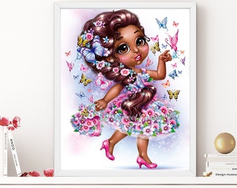 Butterfly Wall Art, African American Girl Wall Art, Butterfly Girl Room Decor Fairy Wall Art, Flower Fairy Nursery Wall Art, Canvas Wall Art