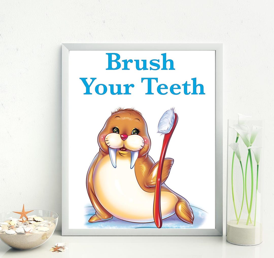 Brush Your Teeth Kids Poster Print, Ocean Animal Bathroom Decor, Walrus ...
