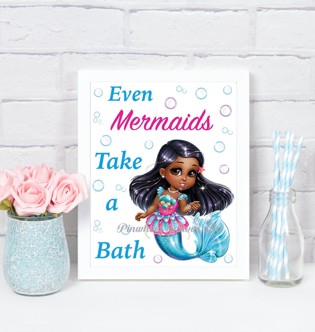 Mermaid Bathroom Wall Decor African American Girl Wall Art Mermaid Under the Sea Wall Art Girl