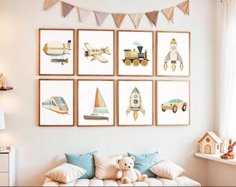 Arte mural para habitación infantil con transporte, decoración de habitación infantil con viajes en vehículos espaciales, dirigible, barco, coche, tren, transporte infantil imprimible (DESCARGA DIGITAL)