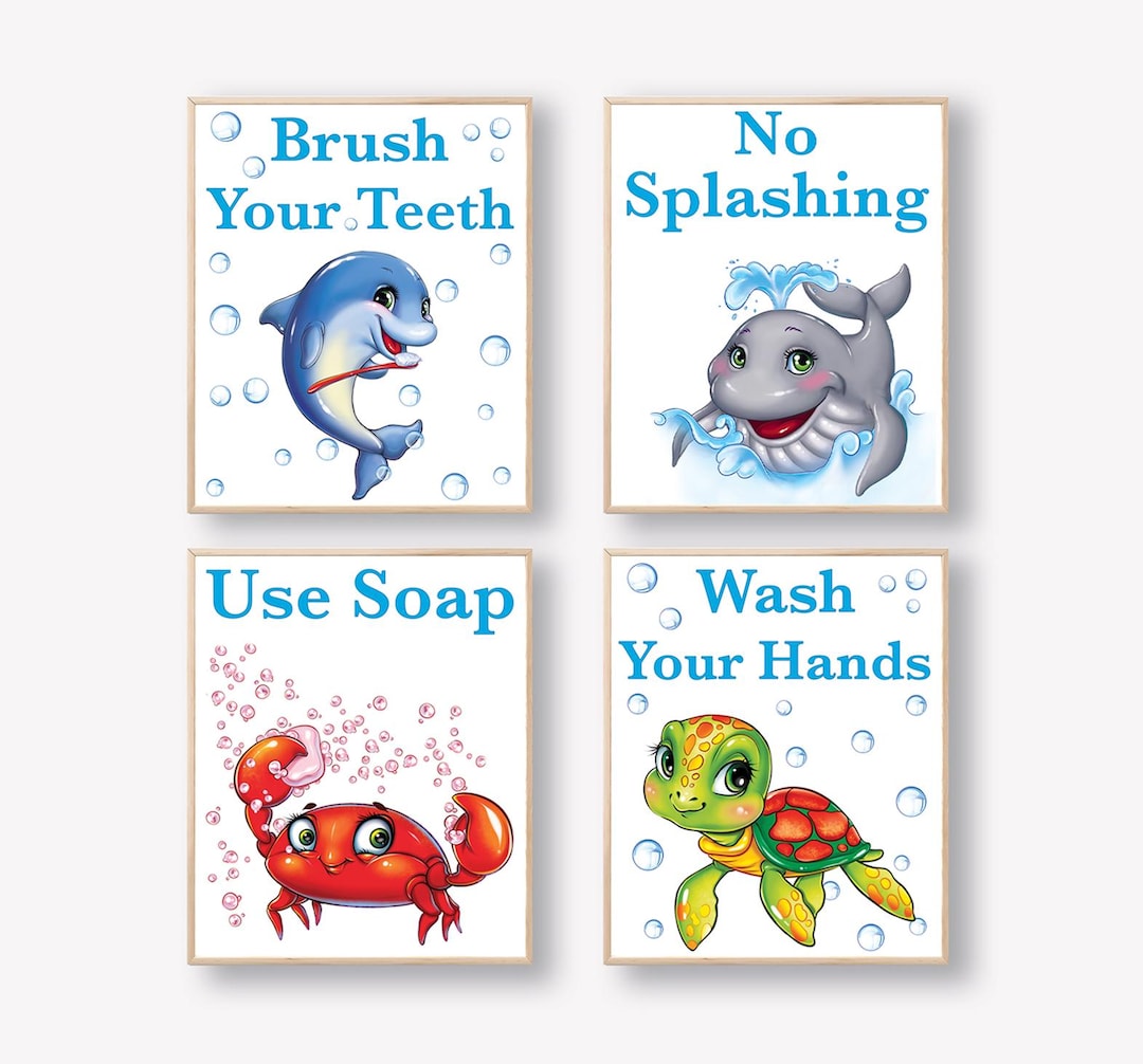 Kids Bathroom Signs Brush Your Teeth Wall Art, Wash Hands, Use Soap ...
