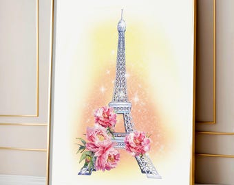 Eiffel Tower with Flowers Print, Paris Girl Room Wall Art, French Home Decor Gift, Parisian Nursery Print, Travel Theme Art DIGITAL DOWNLOAD