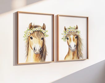 Horse Wall Art Printable Set of 2, Girl Room Decor, Animal with Daisy Flowers Nursery Print, Cowgirl Theme Gift, Equestrian DIGITAL DOWNLOAD