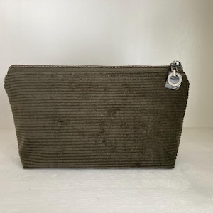 Dark Olive Green Corduroy Flat Bottom Pencil Pouch.