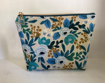 Teal and Blue Floral Linen Cosmetic Pouch