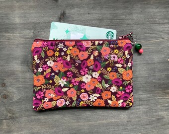 Burgundy and Coral Flowers Coin  Purse