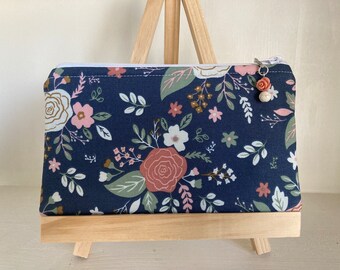 Blue and Dusty Rose Floral   Small Zipper Pouch