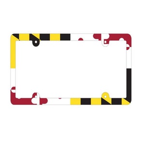 May include: A red, white, and black license plate frame with the Maryland state flag design.