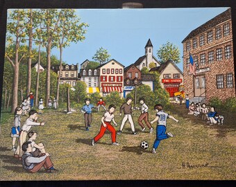 H. Hargrove peinture sur toile sérigraphie enfants jouant au football 12 x 16