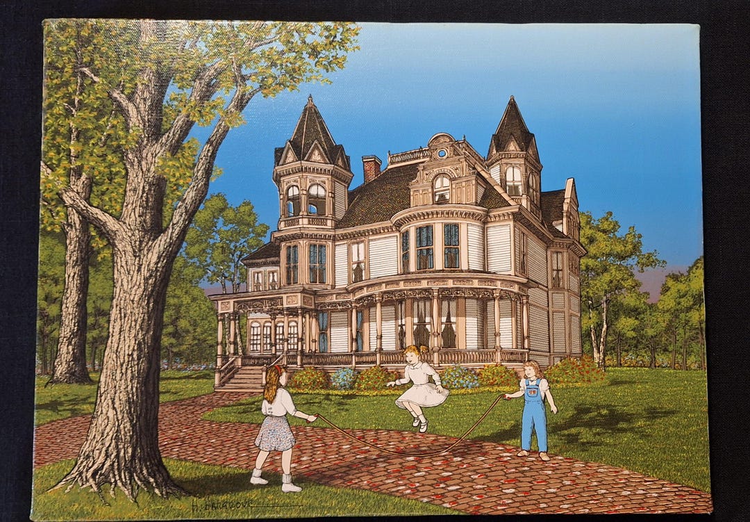 H. Hargrove Canvas Serigraph Painting Print Victorian House Children ...
