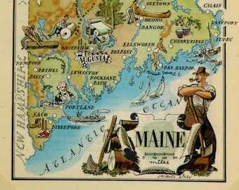 Maine Original  Vintage Pictorial Map (Small/Index Card Size)
