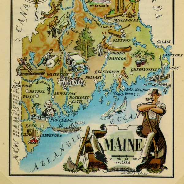 Maine Original  Vintage Pictorial Map (Small/Index Card Size)