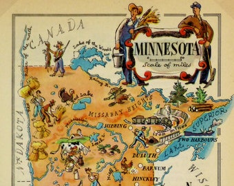 Minnesota Original  Vintage Pictorial Map (Small/Index Card Size)