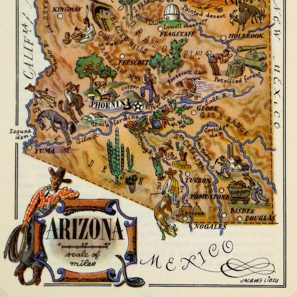 Arizona Original  Vintage Pictorial Map (Small/Index Card Size)