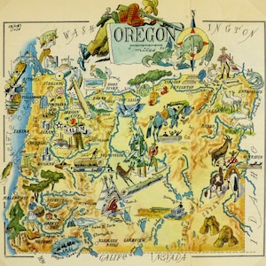 May include: A vintage illustrated map of Oregon with a compass rose in the top right corner. The map is filled with colorful illustrations of animals, people, and landmarks. The map includes the text "Oregon" and "miles 50".