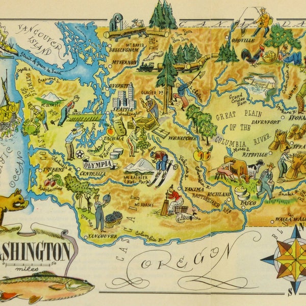 Washington Original  Vintage Pictorial Map (Small/Index Card Size)