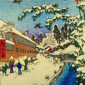 Original Japanese Woodblock Snowy River Scene c.1950 (Small/Index Card Size)