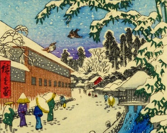 Original Japanese Woodblock Snowy River Scene C.1950 (small/index