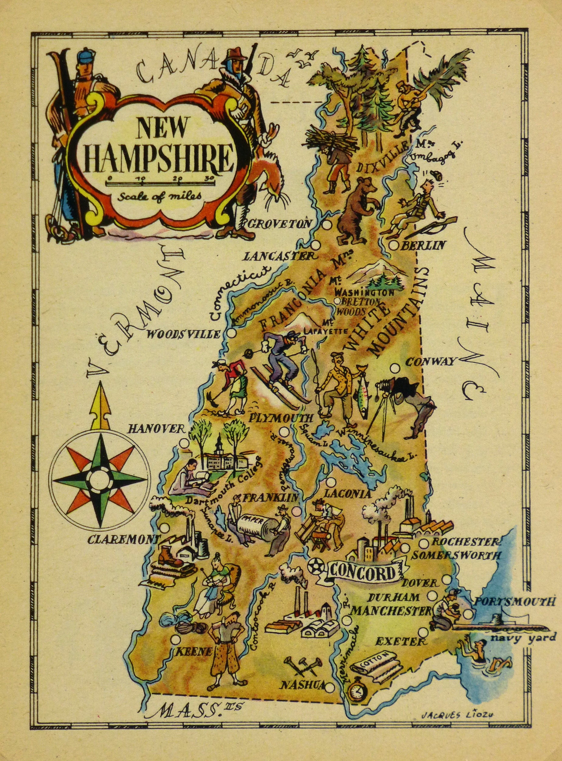 New Hampshire Original Vintage Pictorial Map small/index Card Size Etsy