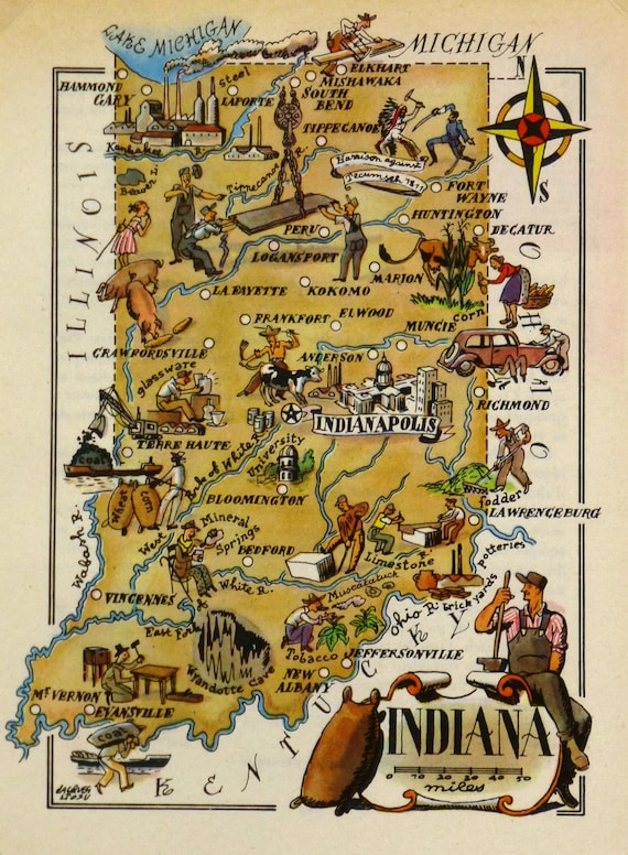 Indiana Original Vintage Pictorial Map (small/index Card Size) - Etsy
