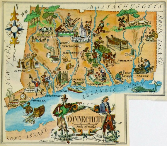 Connecticut Antique Vintage Pictorial Map