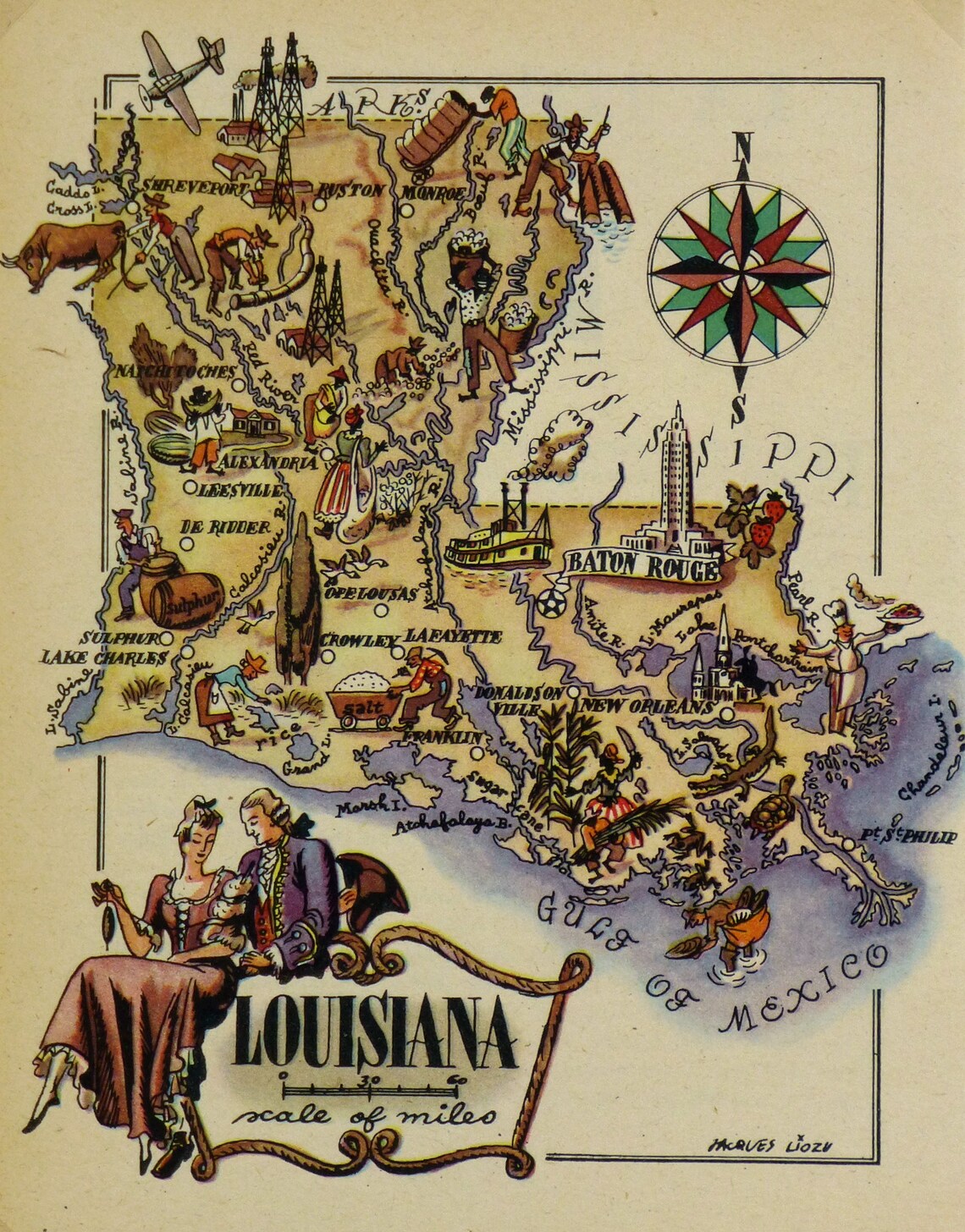 Louisiana Original Vintage Pictorial Map (small/index Card Size) - Etsy