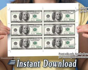Printable SMALL Money Sheets with Cut Marks 6-per-page Cash Dollar Image for Letter Size Paper Hundred Dollar Bills FRONT SIDE 6up