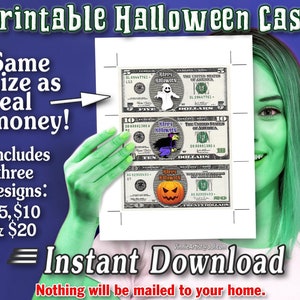 Printable HALLOWEEN Cash FULL SIZE Money Sheets with Cut Marks 3-per-page Cash Image for Letter Size Paper 5 10 20 Pumpkin Dollar Bills