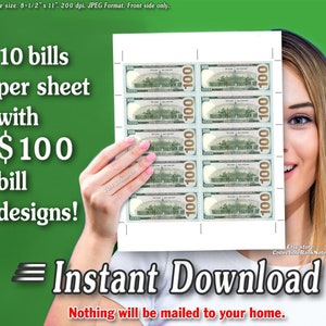 Printable SMALL Money Sheets with Cut Marks 10-per-page Cash Dollar Image for Letter Size Paper Hundred 100 Dollar Bills Back Side 10up
