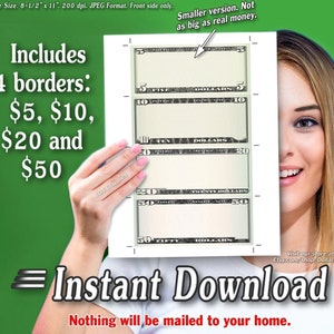 Printable SMALL Money Sheets with Cut Marks 5 10 20 50 Dollar 4-per-page Cash Image Blanks Borders Front Side 4up