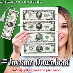 Printable BOOKMARKERS with Money Background Images with Cut Marks 10 20 50 100 Dollars Cash for Letter Size Paper Bookmark Book mark markers