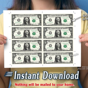 Printable SMALL Money Sheets with Cut Marks 8-per-page Cash Dollar Image for Letter Size Paper One Dollar Bill 8up Front Side