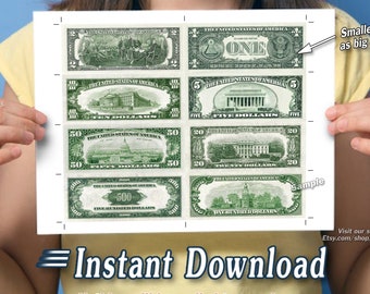 Printable SMALL Money Sheets with Cut Marks 8-per-page BACK SIDE Cash Dollar Image for Letter Size Paper 1 2 5 10 20 50 100 500 Backside 8up