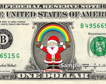 Merry Christmas on a REAL Dollar Bill Money Cash Collectible Memorabilia Novelty Holiday Santa Stocking Stuffer Pride Rainbow