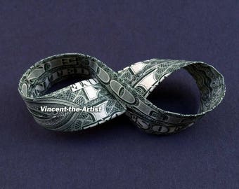 Money Origami INFINITY LOOP Sign Symbol - Dollar Bill Art - Made with Cash