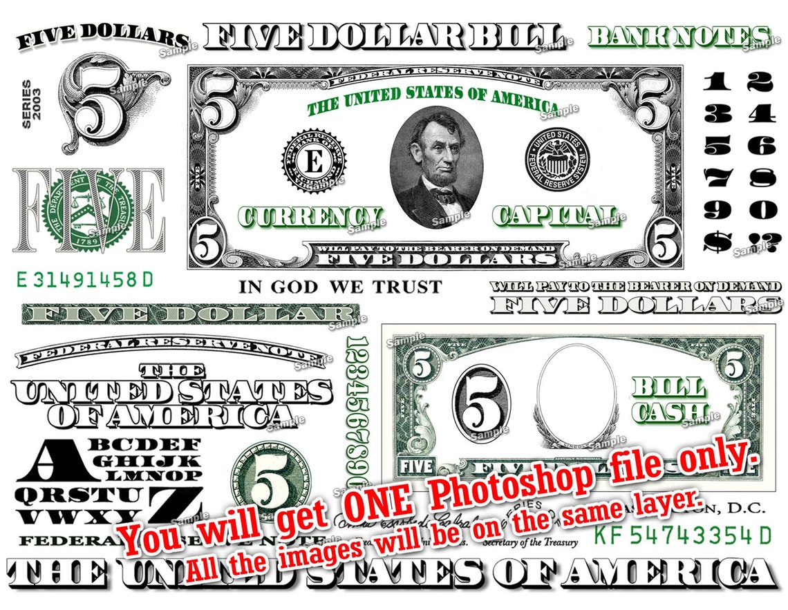 FIVE Dollar Bill Design Images Photoshop Transparent File PNG - Etsy