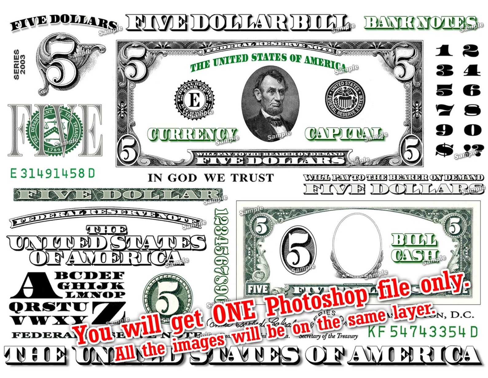 FIVE Dollar Bill Design Images Photoshop Transparent File PNG - Etsy