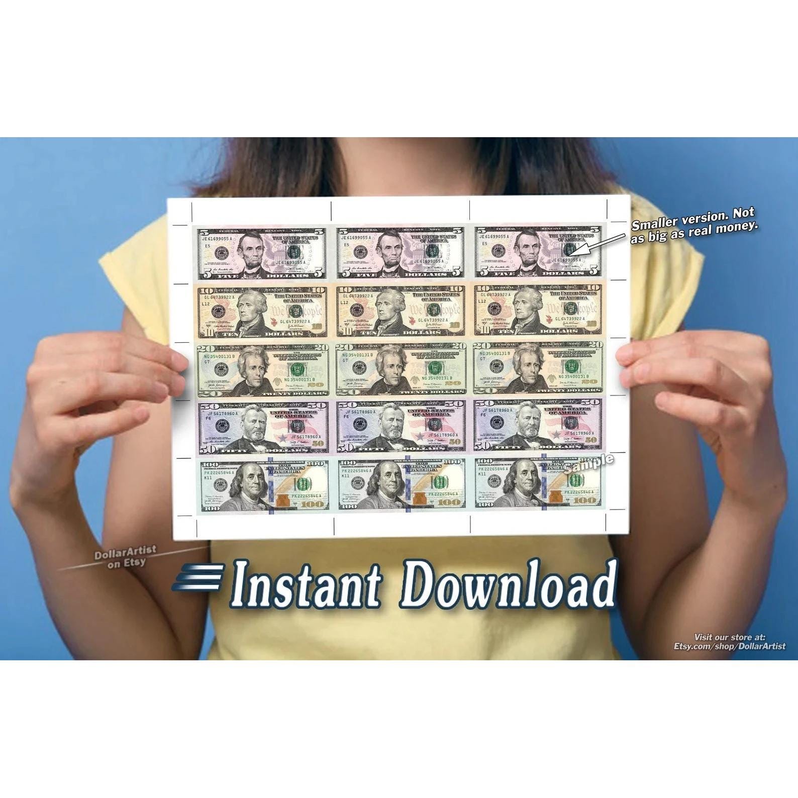 Printable SMALL Money Sheets with Cut Marks 15-per-page Dollar Cash Image for Letter Size Paper 5 10 20 50 100 Dollar Bill 15up