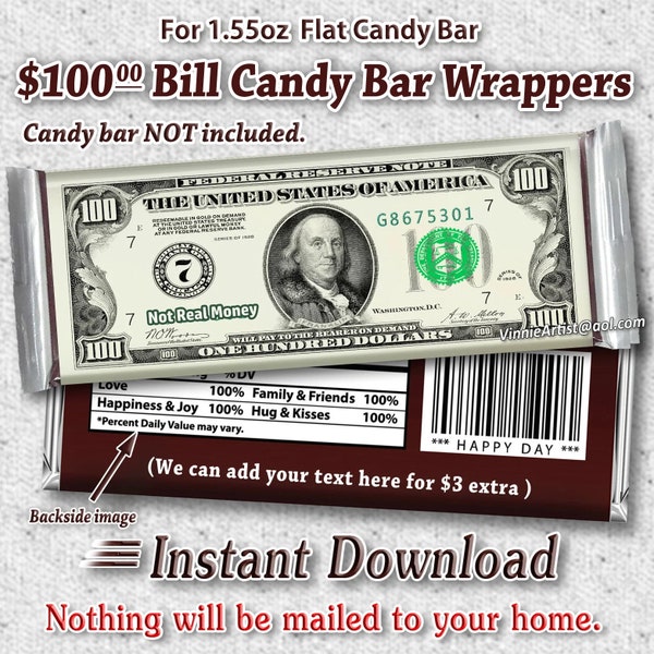 PRINTABLE Money Candy Bar Wrappers Chocolate Instant Download Cash Dollar Vintage Hundred 100 Dollar Bill Party Supplies