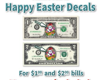 Happy Easter Money Stickers for One and Two Dollar Bill Gift NO CURRENCY INCLUDED Decals Dollar Money Gift