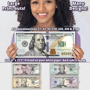 OVERSIZED PRINT-OUT of Money All Denominations Dollar Bill Cash 6&quot; x 13.5&quot; One Two Five Ten Twenty Fifty Hundred Dollar Bills