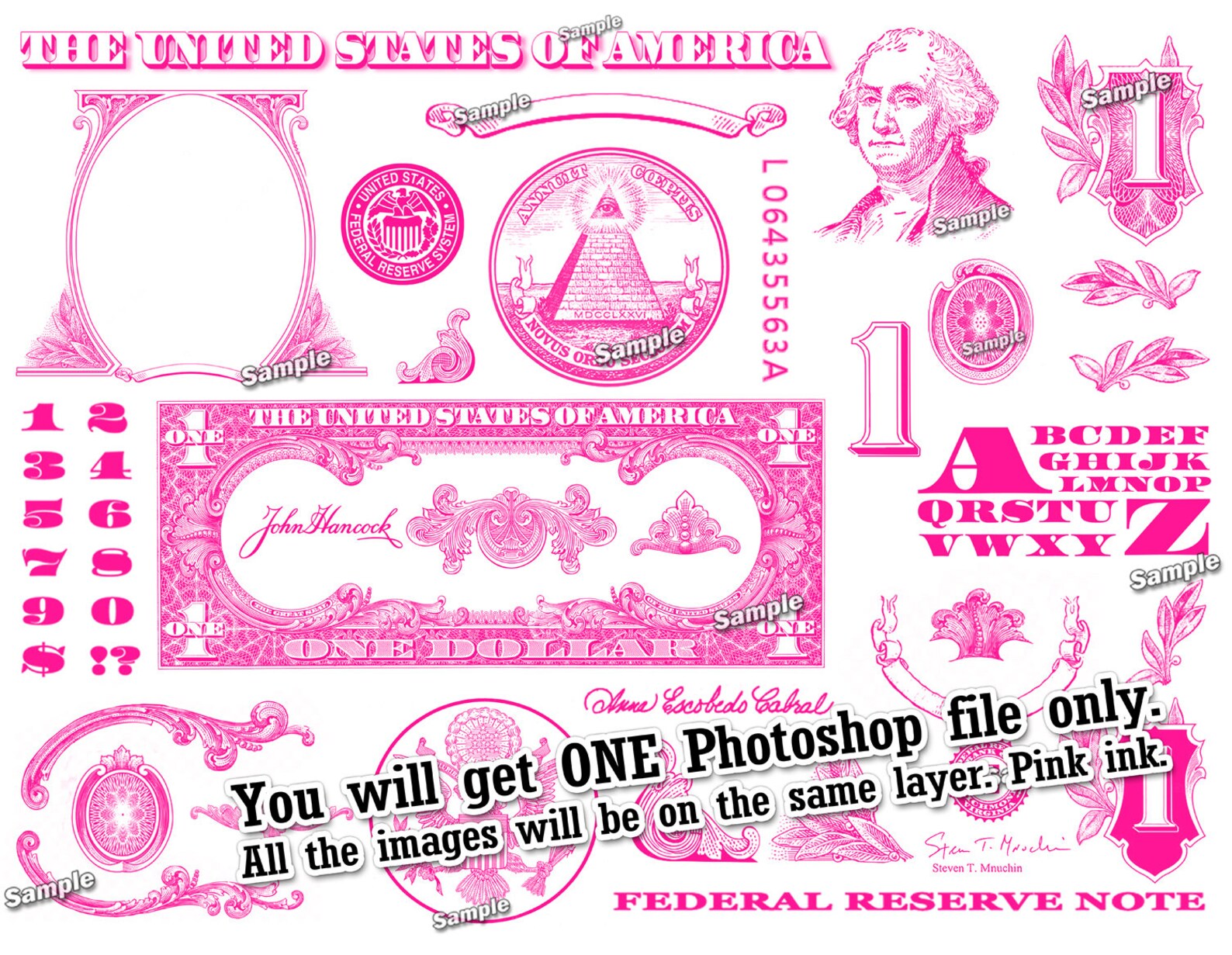 One Dollar Bill Design Images PINK COLOR Photoshop Transparent - Etsy