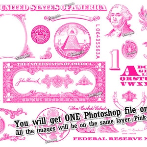 One Dollar Bill Design Images PINK COLOR Photoshop Transparent File PNG Graphics Vignette 1 Cash Currency Money Designs