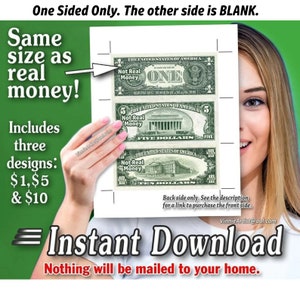 Printable Money Sheets with Cut Marks 3-per-page Cash Dollar Image for Letter Size Paper 1 5 10 Dollar Bills Back 3up Lifesize Poker Game