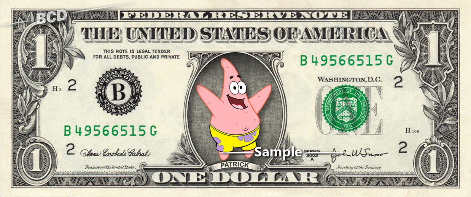 PATRICK from Sponge Bob on a REAL Dollar Bill Cash Money Etsy