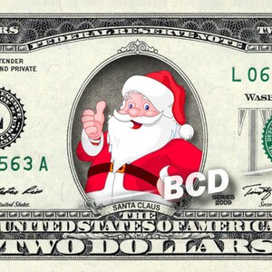 SANTA CLAUS on a Real Two Dollar Bill Custom Dollar Bill Art Christmas