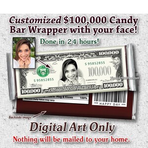 Embalagem de barra de chocolate personalizada com nota de cem mil dólares e foto do seu rosto, dinheiro digital para impressão, aniversário personalizado