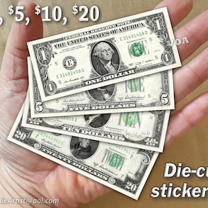 4x Miniature STICKERS Money Dollar Bills Tiny Mini Small Cash - Decal Bookmark Book Marks Bookmarkers Book Markers 1 5 10 20